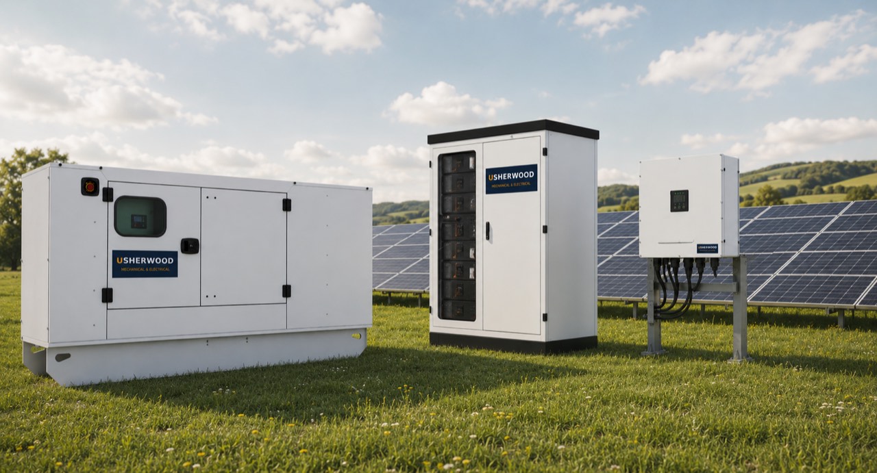 Illustrative graphic of Usherwood off-grid power systems: a packaged standby generator, a battery storage cabinet and a solar array shown together in open countryside